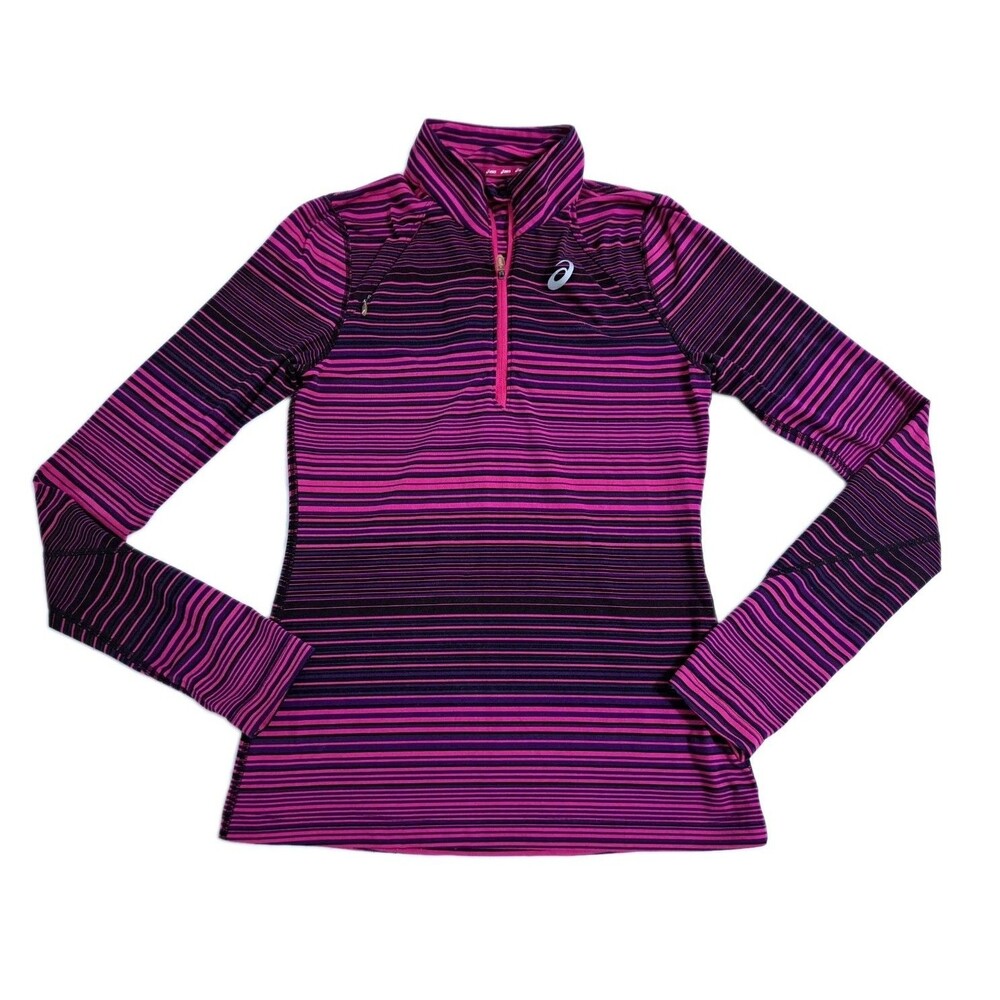 Asics Zip Pullover Women's Small Purple Striped Shirt Run Gym Activewear